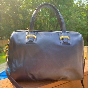 Coach metallic navy blue leather satchel